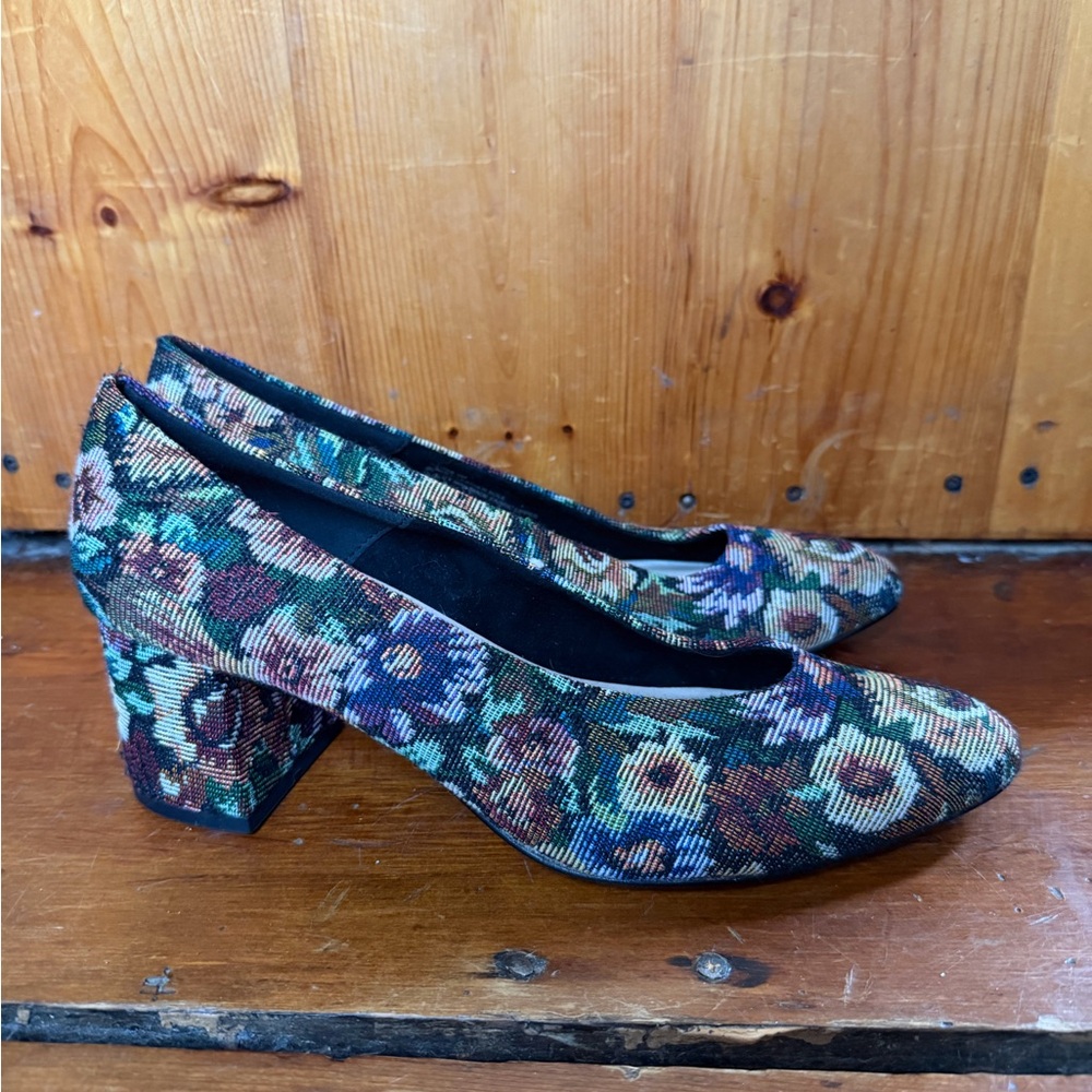 Bella Vita Floral Tapestry Block Heel Pumps - Green, Blue, Brown